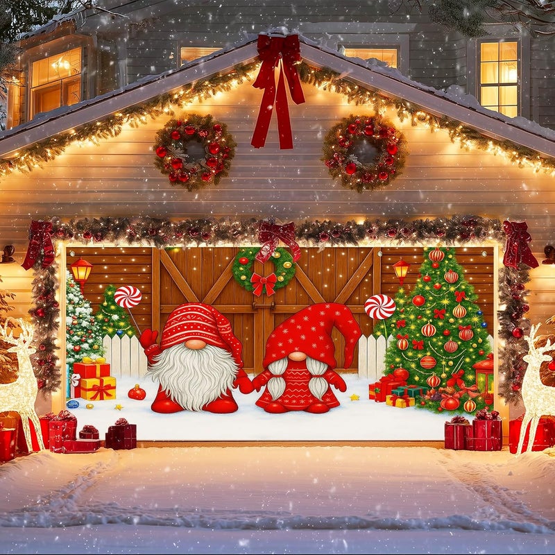 IVN Christmas Garage Door Cover Decoration 13x6ft Gnomes by Barn Doors with Tree Merry Christmas Garage Door Banner Home Door Front Yard Decor for Xmas Eve Holiday Outdoor - Image 1